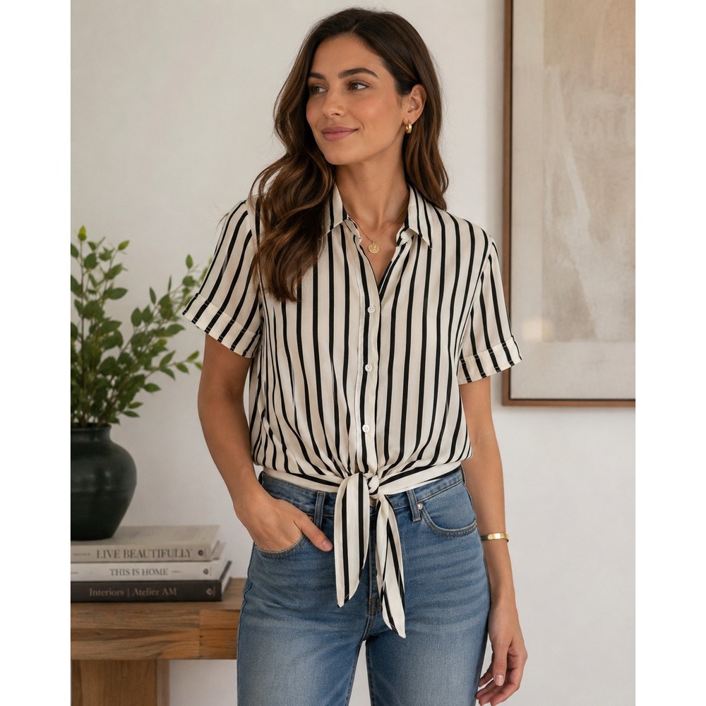 Olivaceous 100% Silk Minimalist Preppy Black White Striped Tie‎ Front Blouse S
